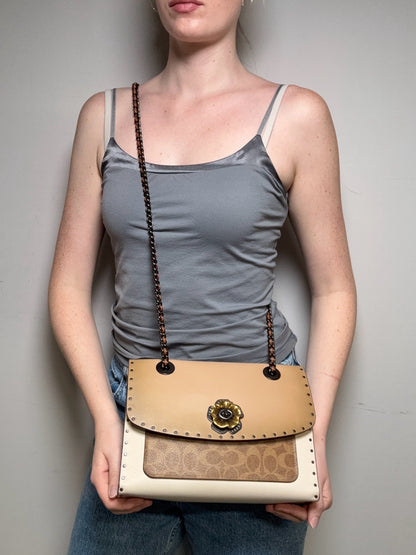 Women's Coach Parker Rivets Snakeskin Print Monogram Leather Pre-Owned Shoulder Bag