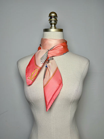 Cartier Pearls & Jewelry 100% Silk Vintage Pre-owned Pink, blue, gold Scarf