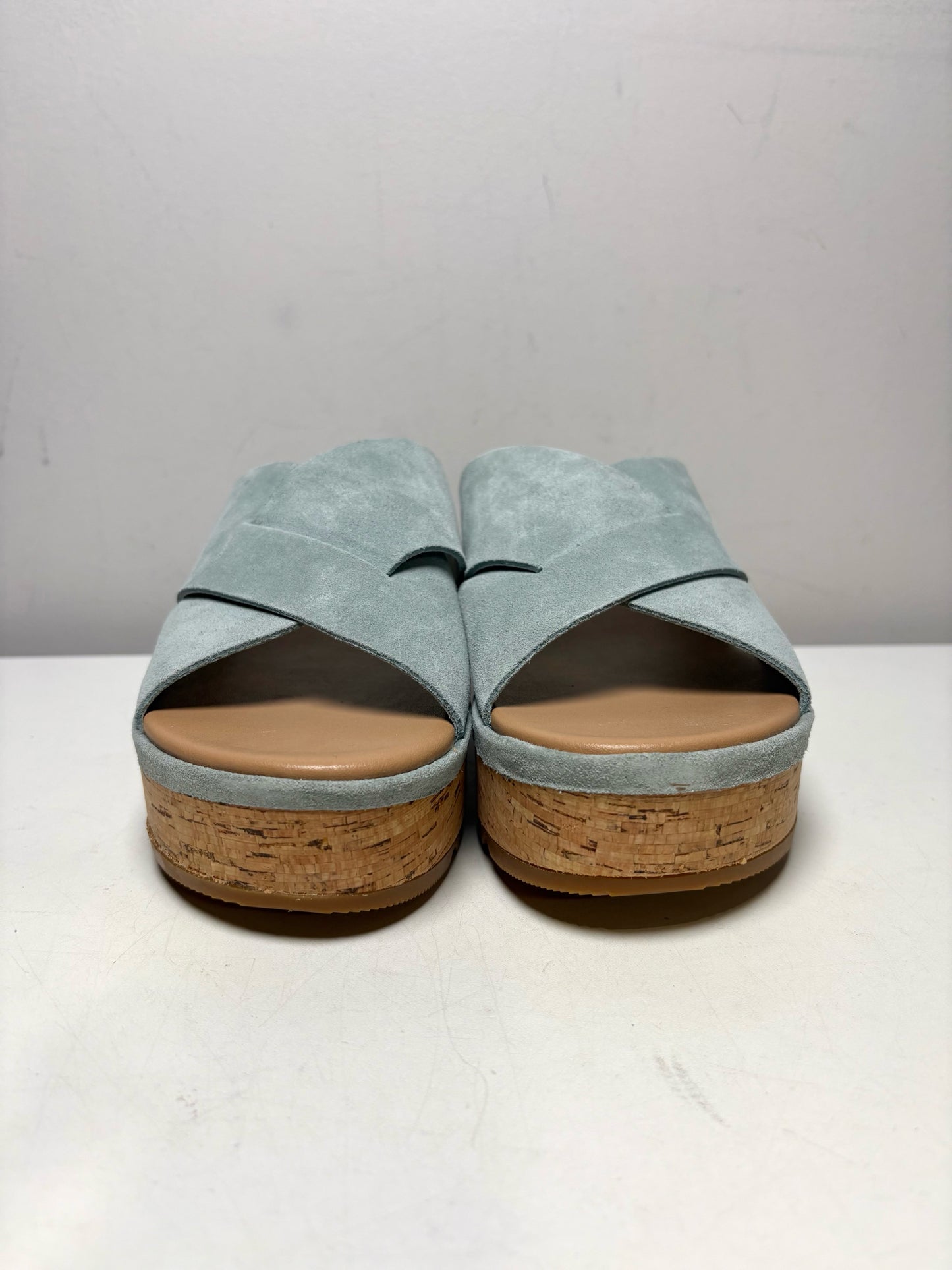 Women Shoe Size 8.5 Sorel Blue Suede & Cork NWT Pre-Owned Cameron Flatform Mule Sandals