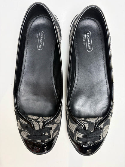 W Pre-Owned 6.5 Coach Black, gray Canvas Patent Leather Trim  Flats P