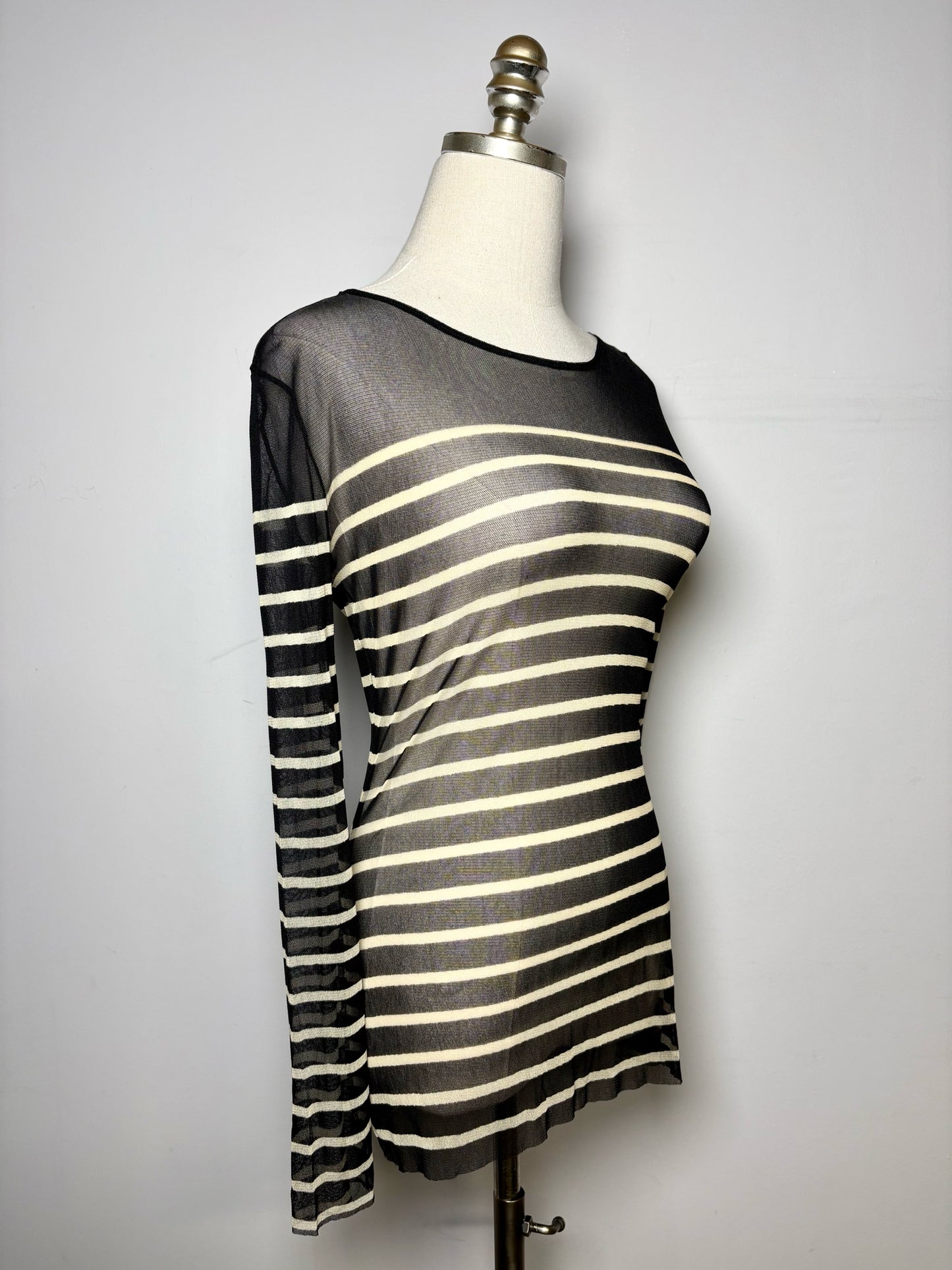 Women Size M Fuzzi Jean Paul Gaultier Black, Beige Striped Vintage 1990s Mesh Top