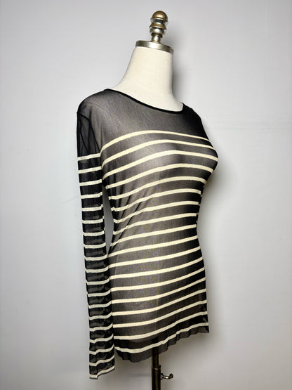 Women Size M Fuzzi Jean Paul Gaultier Black, Beige Striped Vintage 1990s Mesh Top