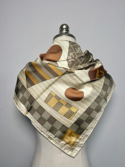 Fendi Logo 100% Silk Vintage Pre-owned Brown & Cream Scarf