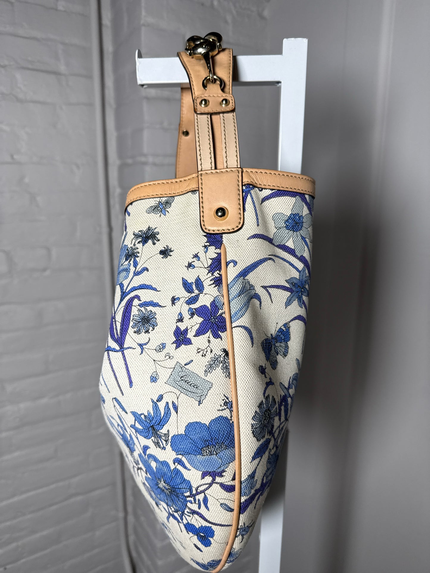 Gucci Flora Wave Horsebit Canvas, Leather Bag