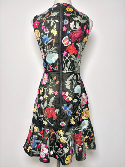 Women Size 4 Alice + Olivia Black Embroidered Flowers + Beads Peplum Dress