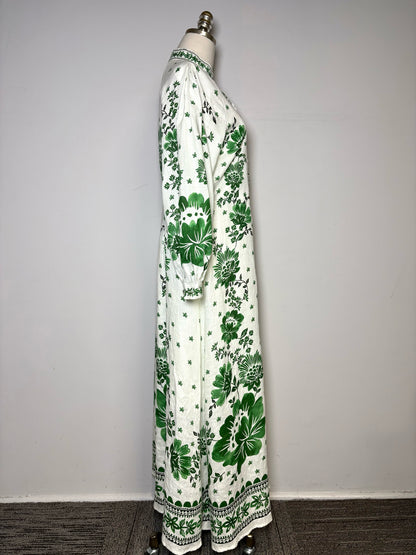 Women Size M Magaschoni White, Green Floral Pure Linen Pre-owned Dress