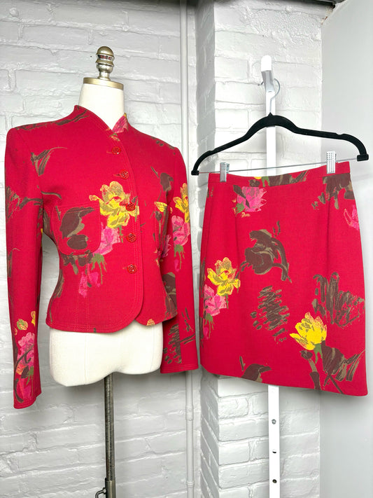 Women Size 8 Emanuel Ungaro Red, yellow, green Floral Vintage Wool 2 Piece Set