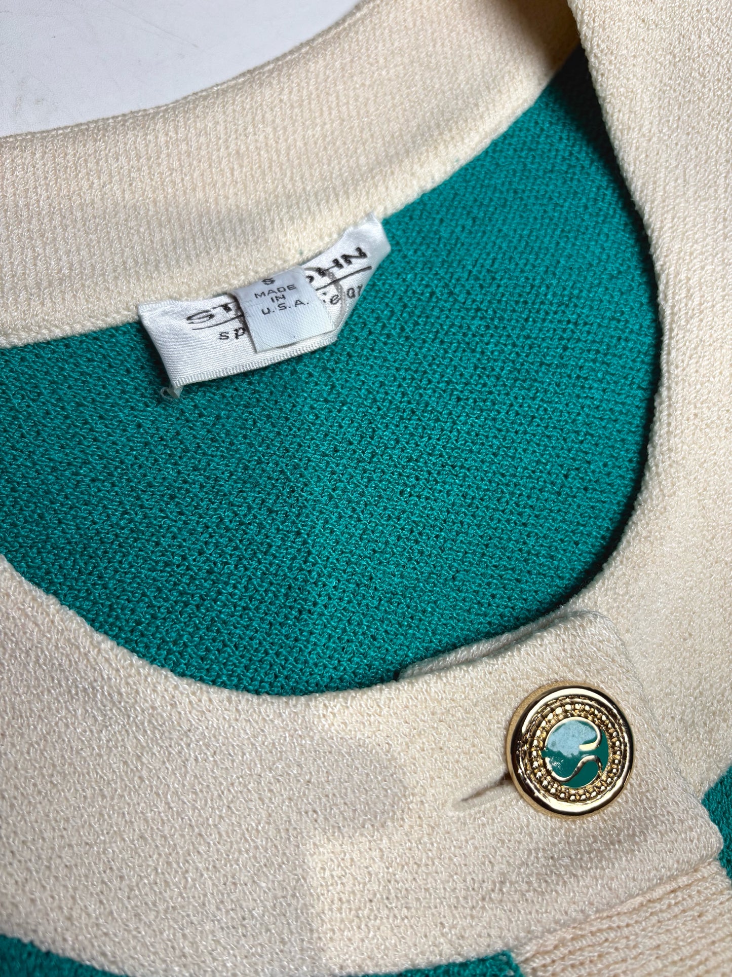 Women's Size S St. John Teal & Cream Knit Vintage Pre-Owned Cropped Cardigan