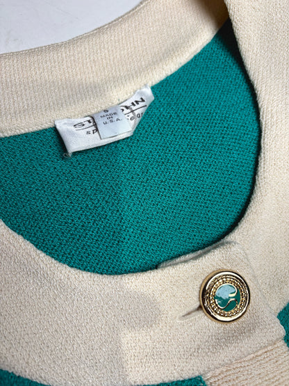 Women's Size S St. John Teal & Cream Knit Vintage Pre-Owned Cropped Cardigan