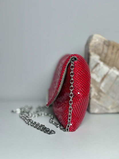 BCBG Max Azria Red Dots Vintage Metal Pre-owned Clutch Cocktail Purse