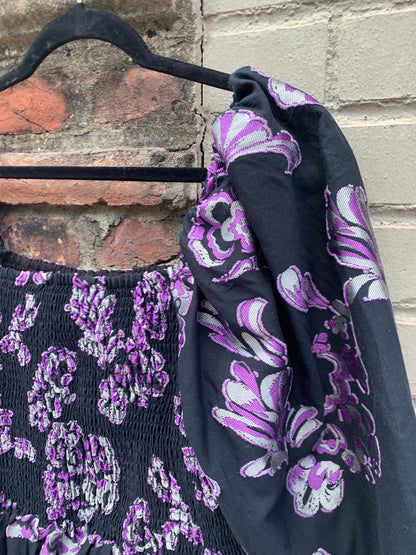 Women Size M Tanya Taylor Purple, Black, Silver Floral Print Emma NWT Blouse