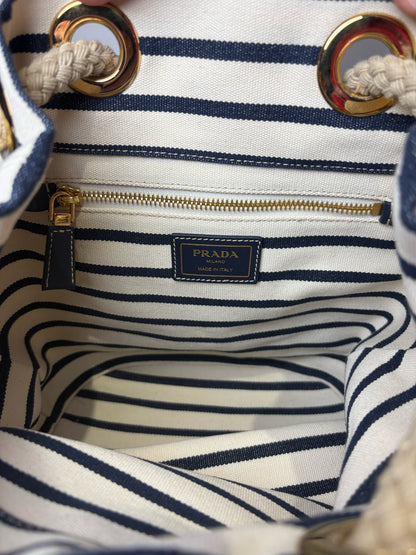 Prada Mariner Canvas Medium Bucket Bag Stripe Cream Pre-owned Purse