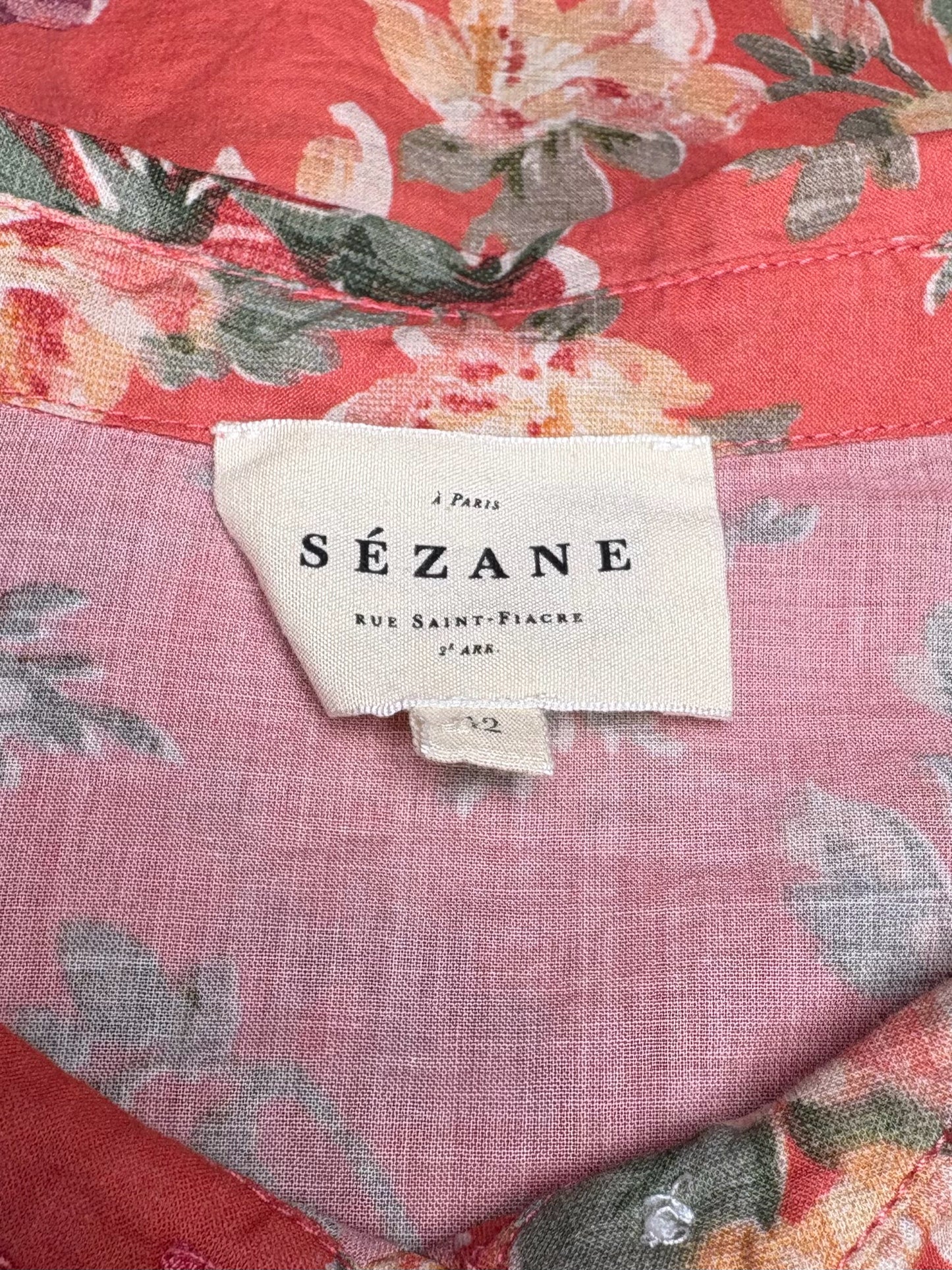 Women Size 42 Sézane Orange & Red Floral Print Pure Cotton Pre-Owned Button-Down Shirt