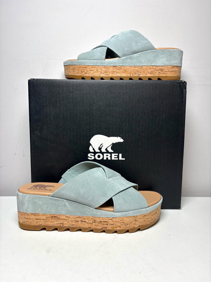 Women Shoe Size 8.5 Sorel Blue Suede & Cork NWT Pre-Owned Cameron Flatform Mule Sandals
