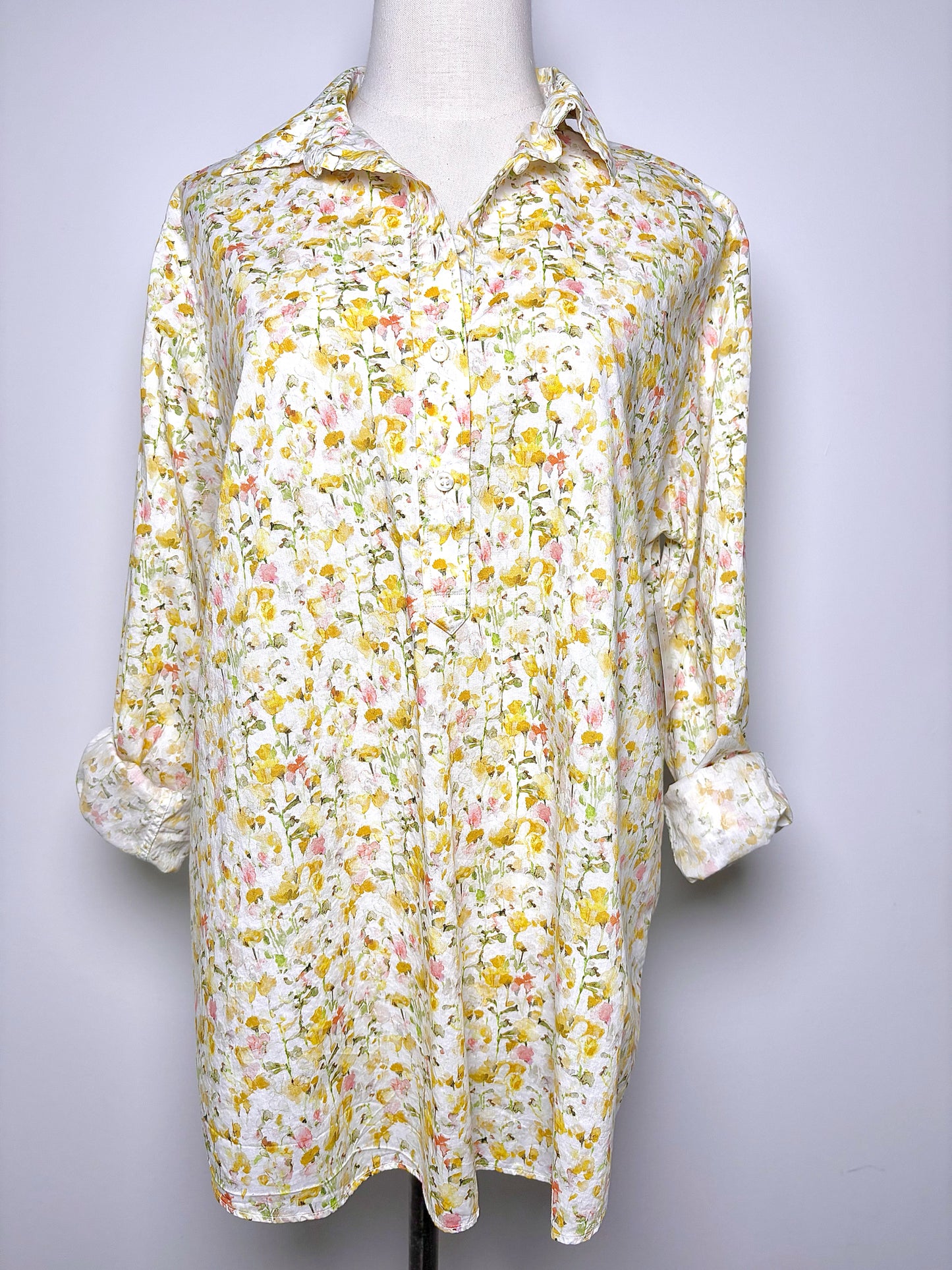 Women Size XL Ann Mashburn Yellow Floral Cotton Shirt