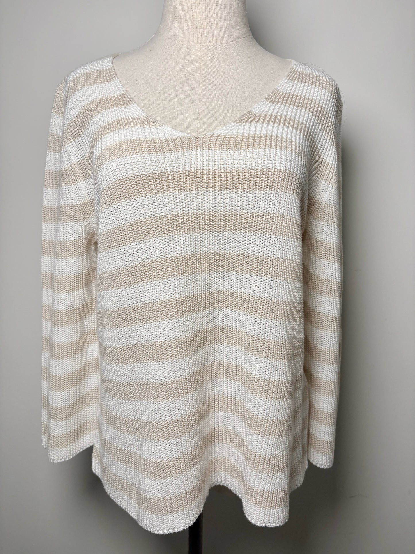 Women Size 6 Amina Rubinacci Khaki, Cream Stripe Cotton Sweater