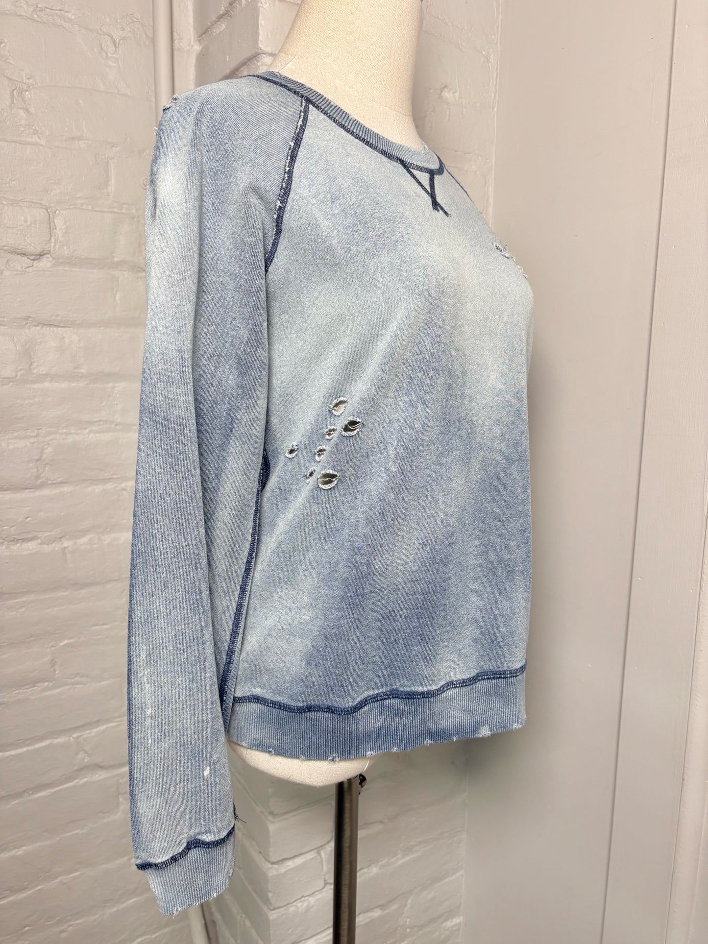 Women Size S Etienne Marcel Los Angeles Blue Acid Wash Cotton Sweatshirt