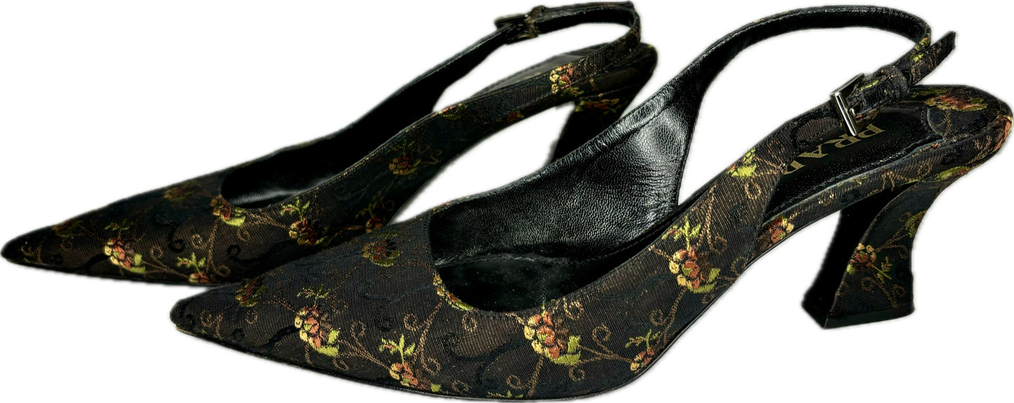 Prada Floral Tapestry Slingback Heels