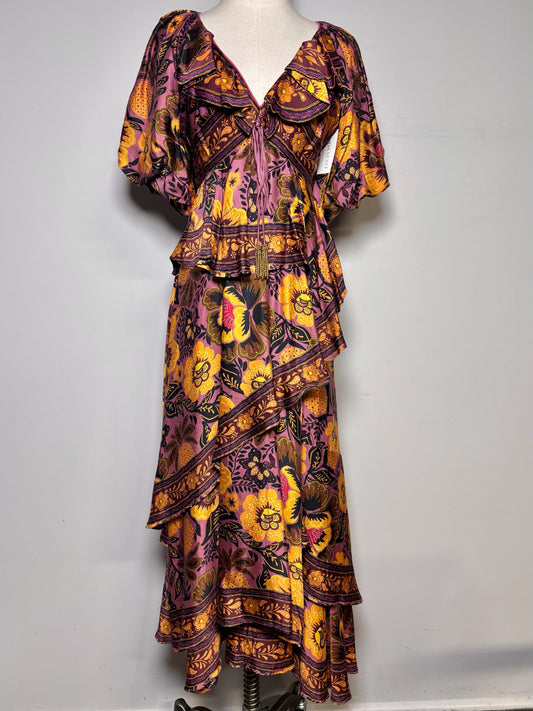 Women Size XXS Farm Rio Purple, Gold, Black Floral Print Pre-owned, NWT Dress