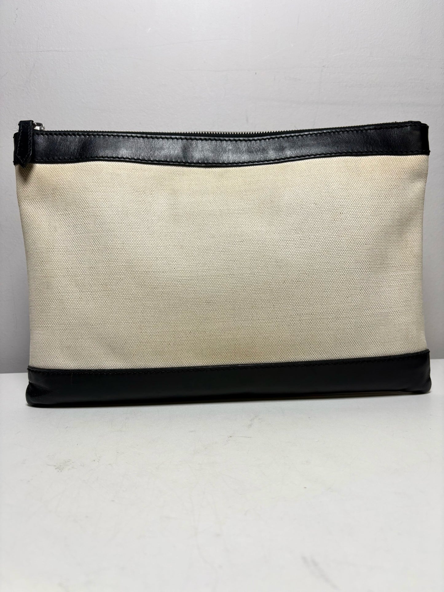Balenciaga Logo Clip Canvas & Leather Neutrals Pre-Owned Portfolio Clutch