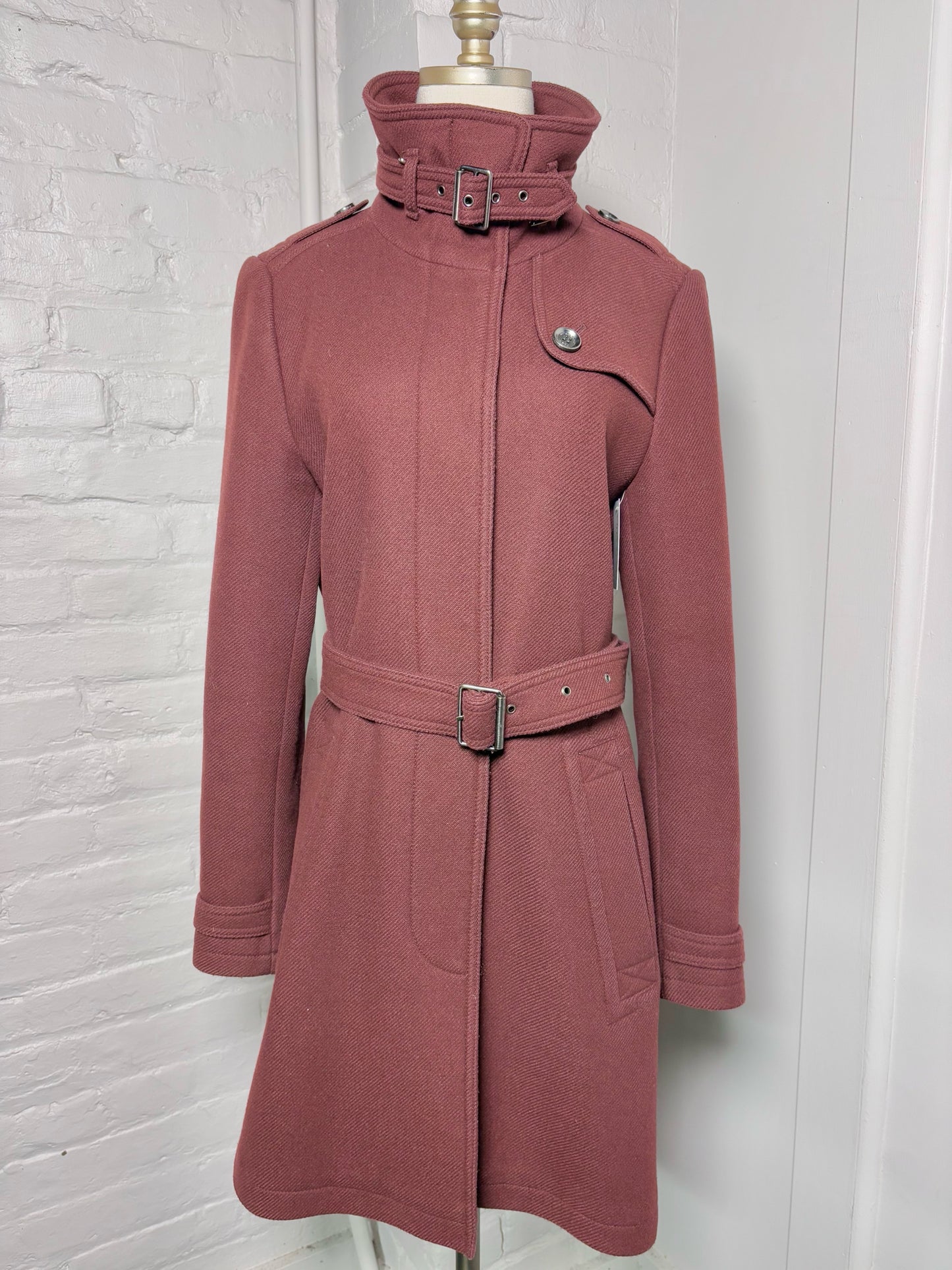 Women Size 14 Burberry Brit Burgundy Wool Blend Belted Coat