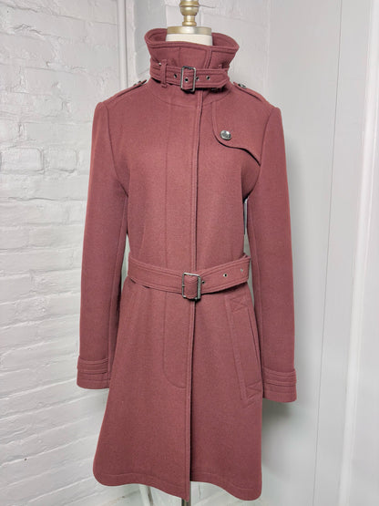 Women Size 14 Burberry Brit Burgundy Wool Blend Belted Coat