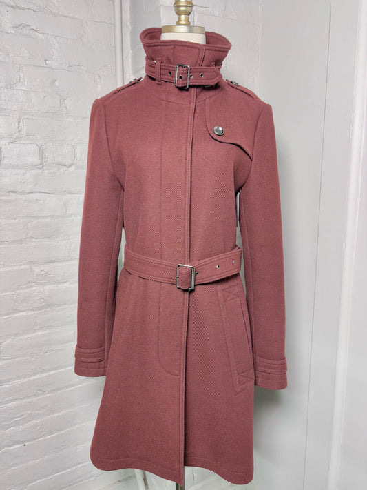 Women Size 14 Burberry Brit Burgundy Wool Blend Belted Coat