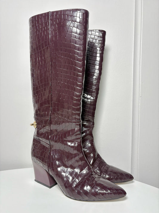 Tall Boots TIBI Croc Embosssed Burgundy Sz 10.5 Gold-tone Hardware