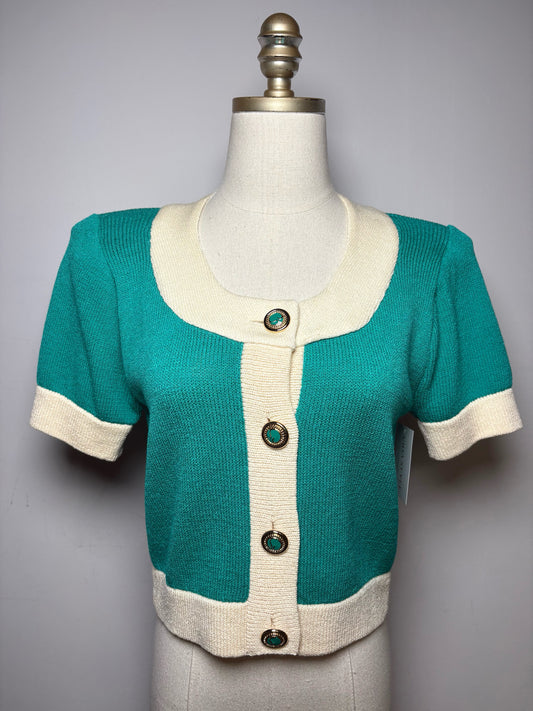 Size S St. John Teal, cream Knit Women's Vintage Pre-owned Cardigan