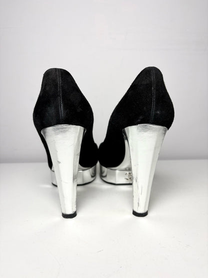 W Shoe Size 41.5 Chanel Black, Silver Leather Suede Pre-owned Heels