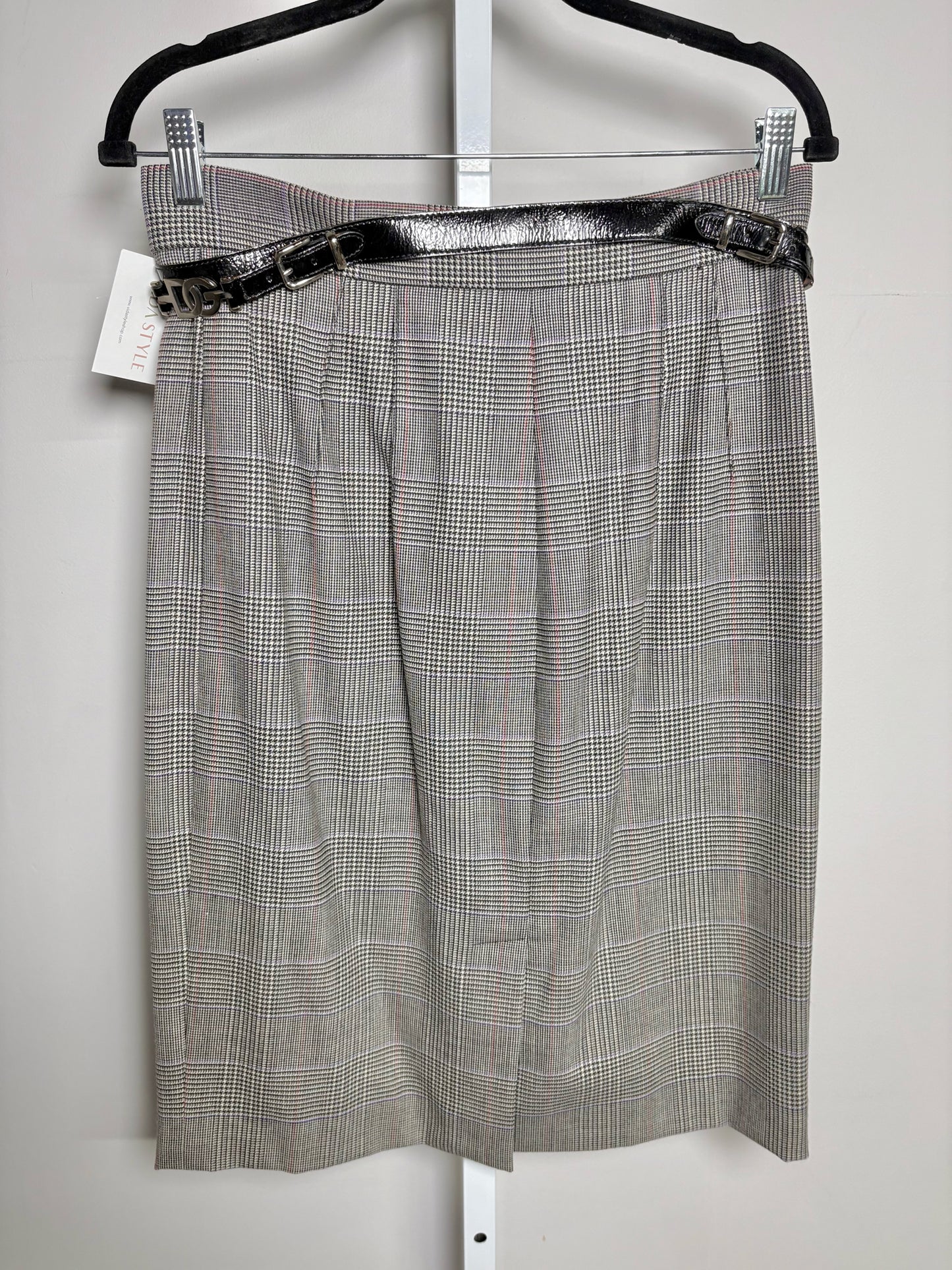 Dolce & Gabbana Gray Plaid Silver Logo Buckles Skirt