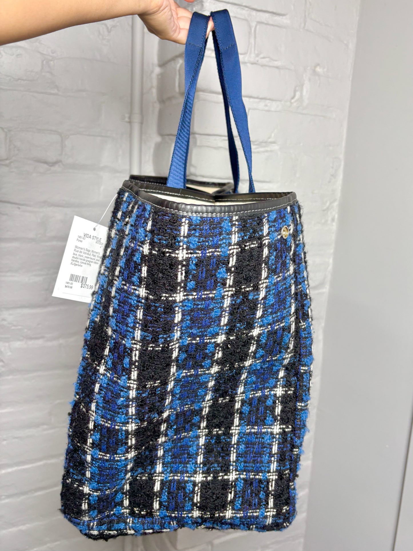 Rue de Verneuil Plaid Wool Pre-owned Blue, Black, Cream Purse