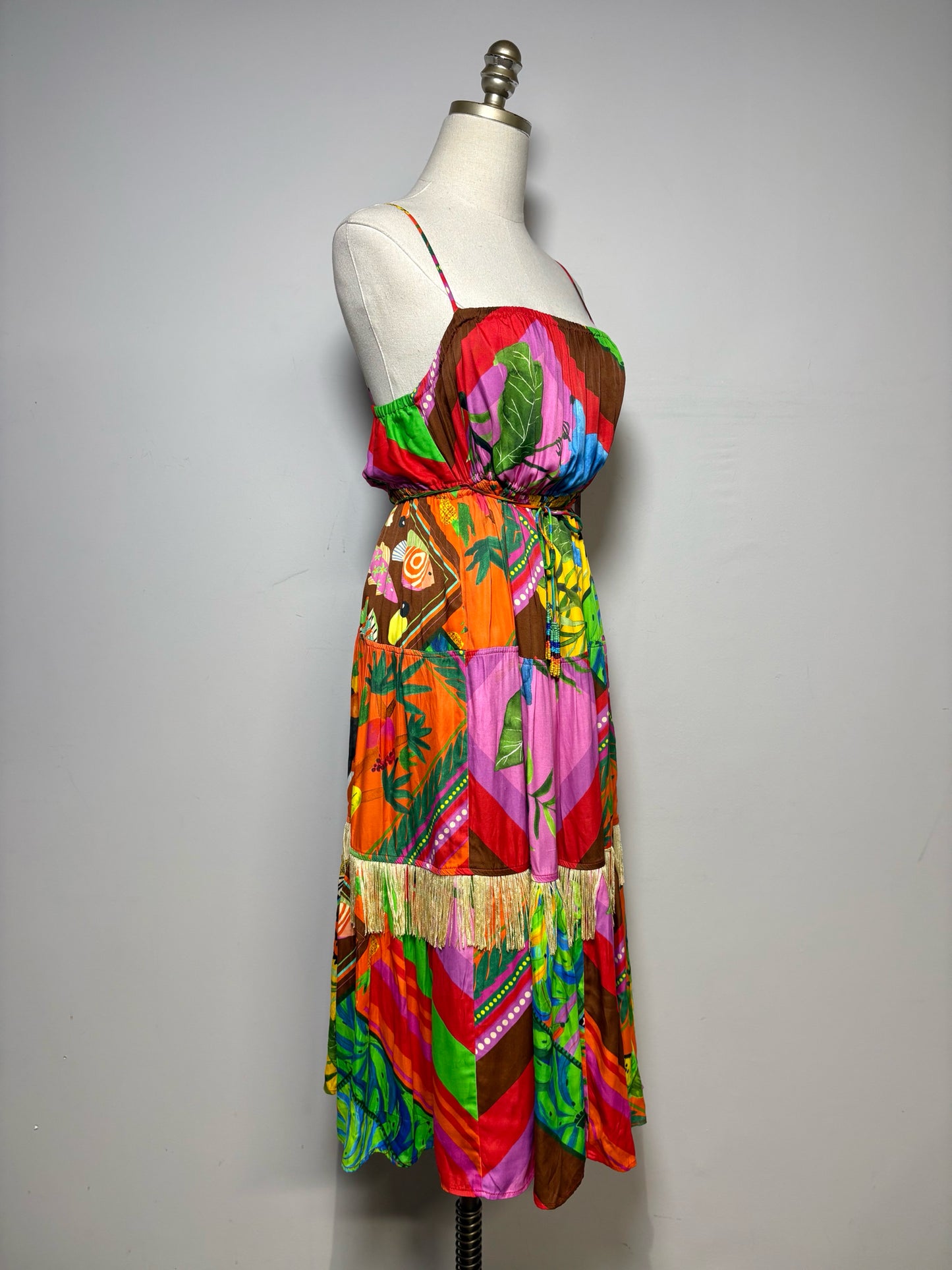 Women Size S Farm Rio Palila Tropical Pre-Owned Fringed Midi Dress