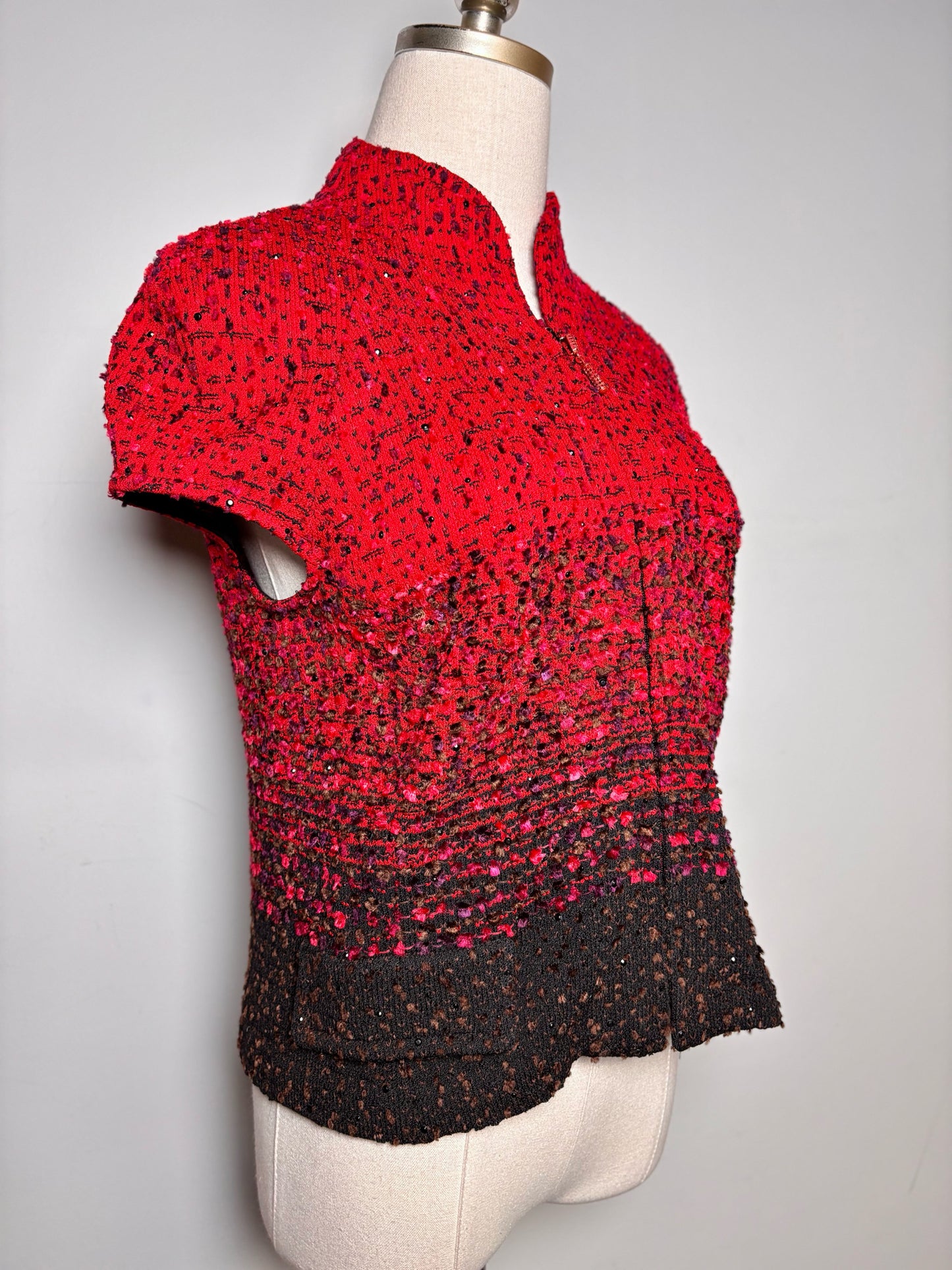 Women Size 6 St. John Couture Red, Black Boucle Jacket