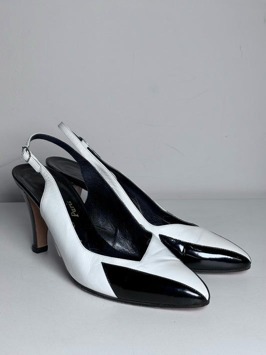 W Shoe Size 8 (Fits 6.5 - 7) Yves Saint Laurent Black, White Leather Heels