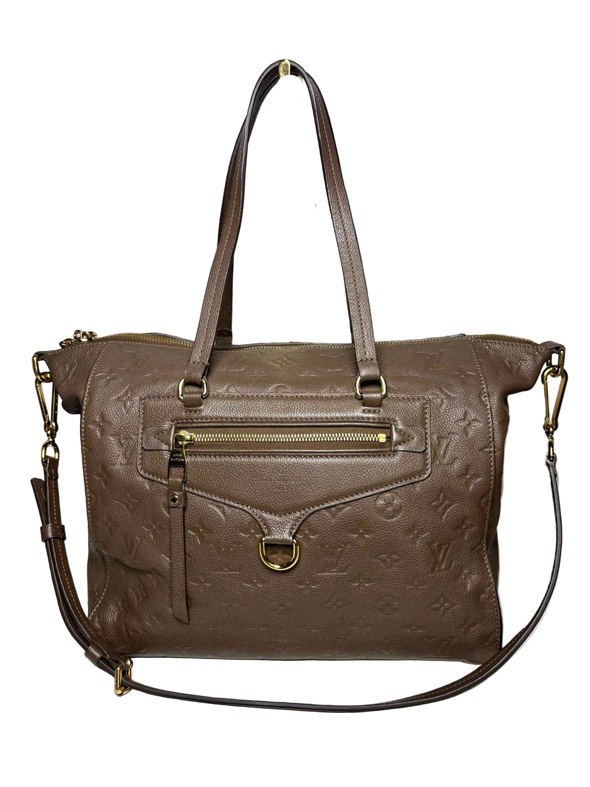 Brown Louis Vuitton bag with two handles, a crossbody strap, and gold hardware.  The bag is in front of a white background.