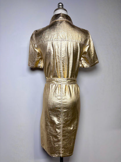 Women Size XS Lanthropy Metallic Gold Solid 100% Linen Pre-owned Shirt Dress