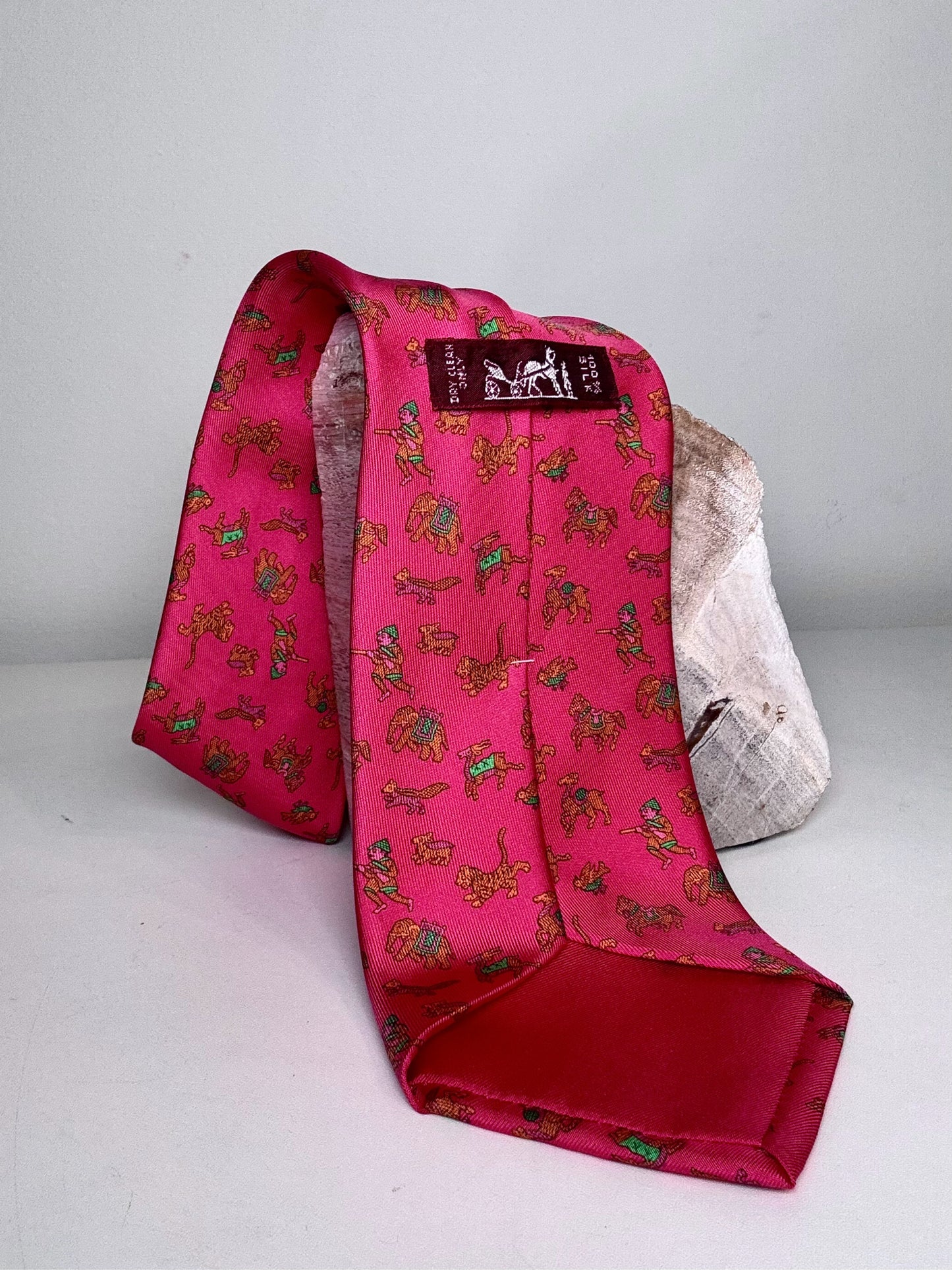 Hermes Pink Silk Safari Tiger Camel Men's Pre-owned Tie