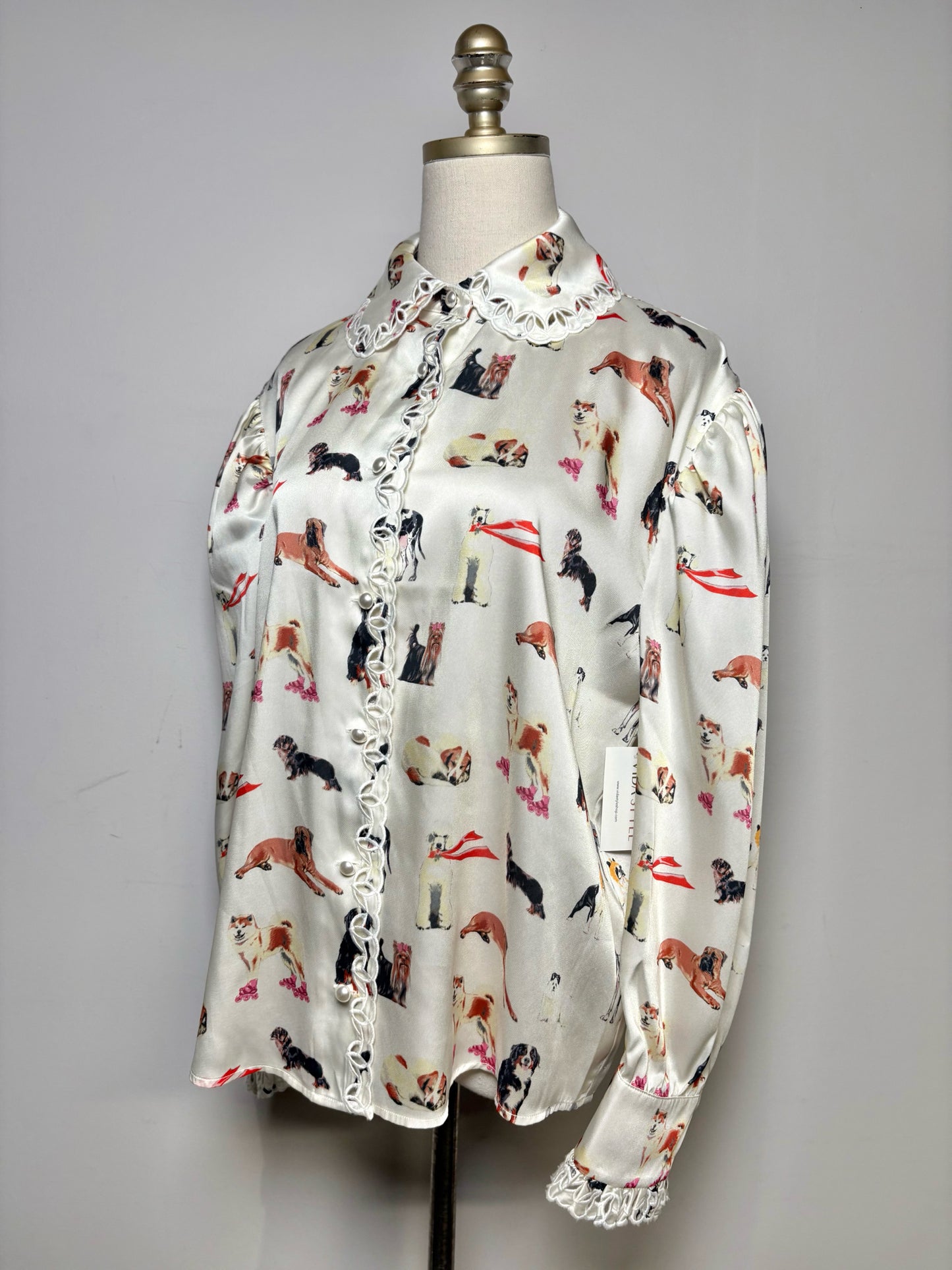 Women's Size 8 Manoush Cream Black & Orange Dog Print Pre-Owned Blouse