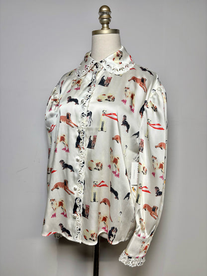 Women's Size 8 Manoush Cream Black & Orange Dog Print Pre-Owned Blouse