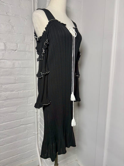 Women Size S/P Derek Lam 10 Crosby Black Solid w/White Piping Lettuce Trim Dress