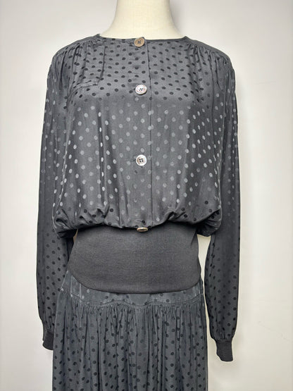 Women Size 6 Vintage Valentino Black Dot 2 Piece Silk Midi Skirt, Top Set