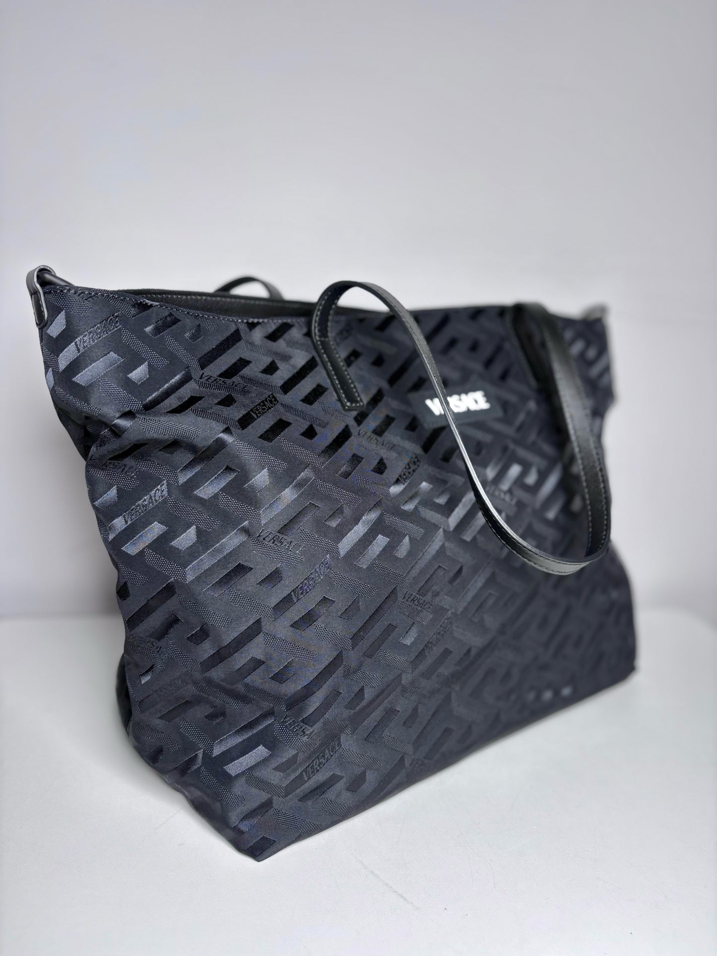 Versace Jacquard, Monogram Nylon Pre-owned Black Leather + Pouch Crossbody Tote