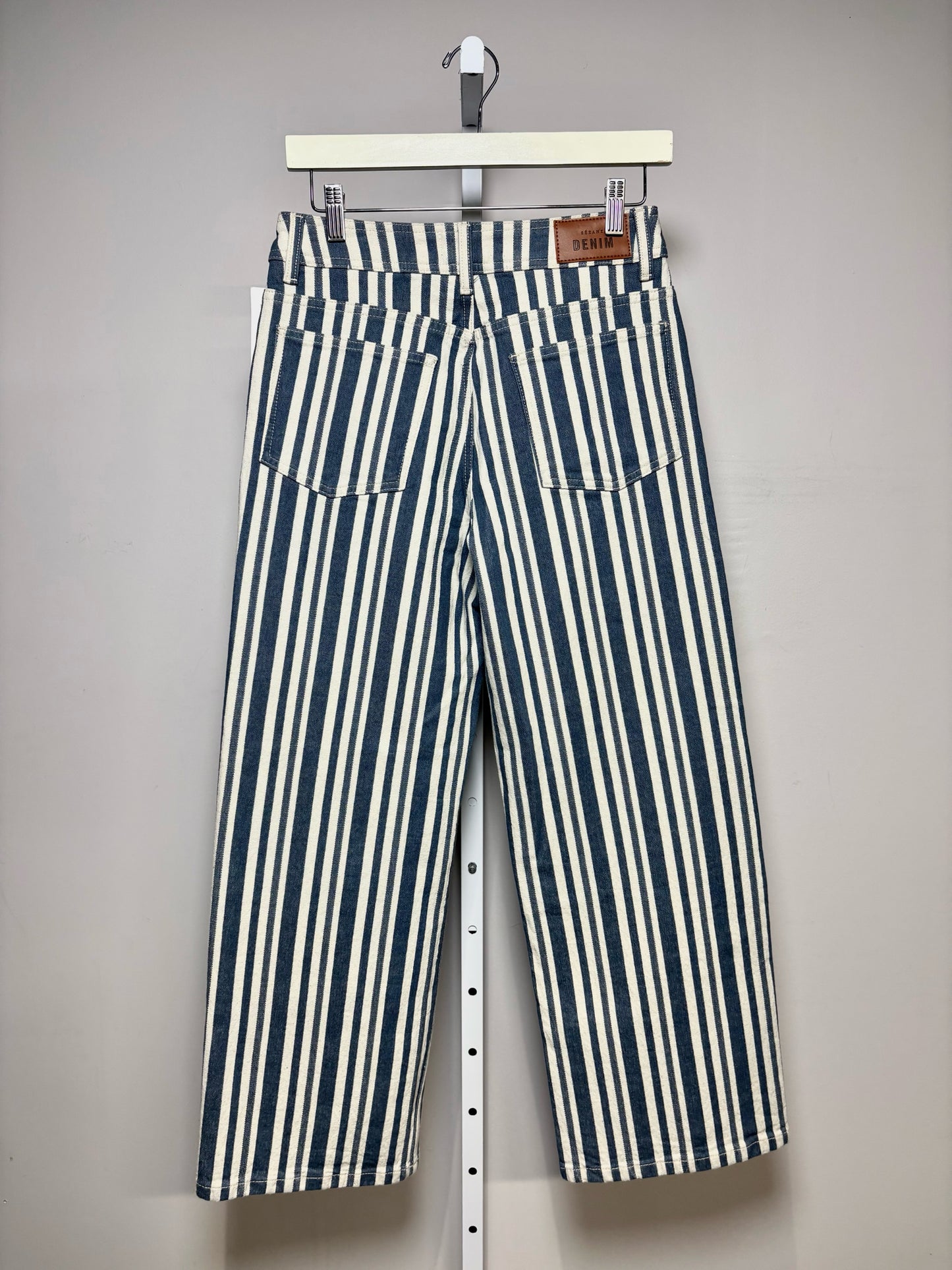 Women Size 38 Sézane Blue & White Vertical Stripe Cotton Blend Pre-Owned Wide-Leg Jeans