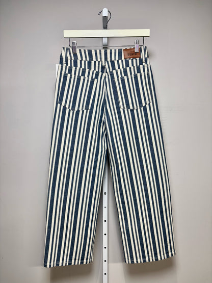 Women Size 38 Sézane Blue & White Vertical Stripe Cotton Blend Pre-Owned Wide-Leg Jeans