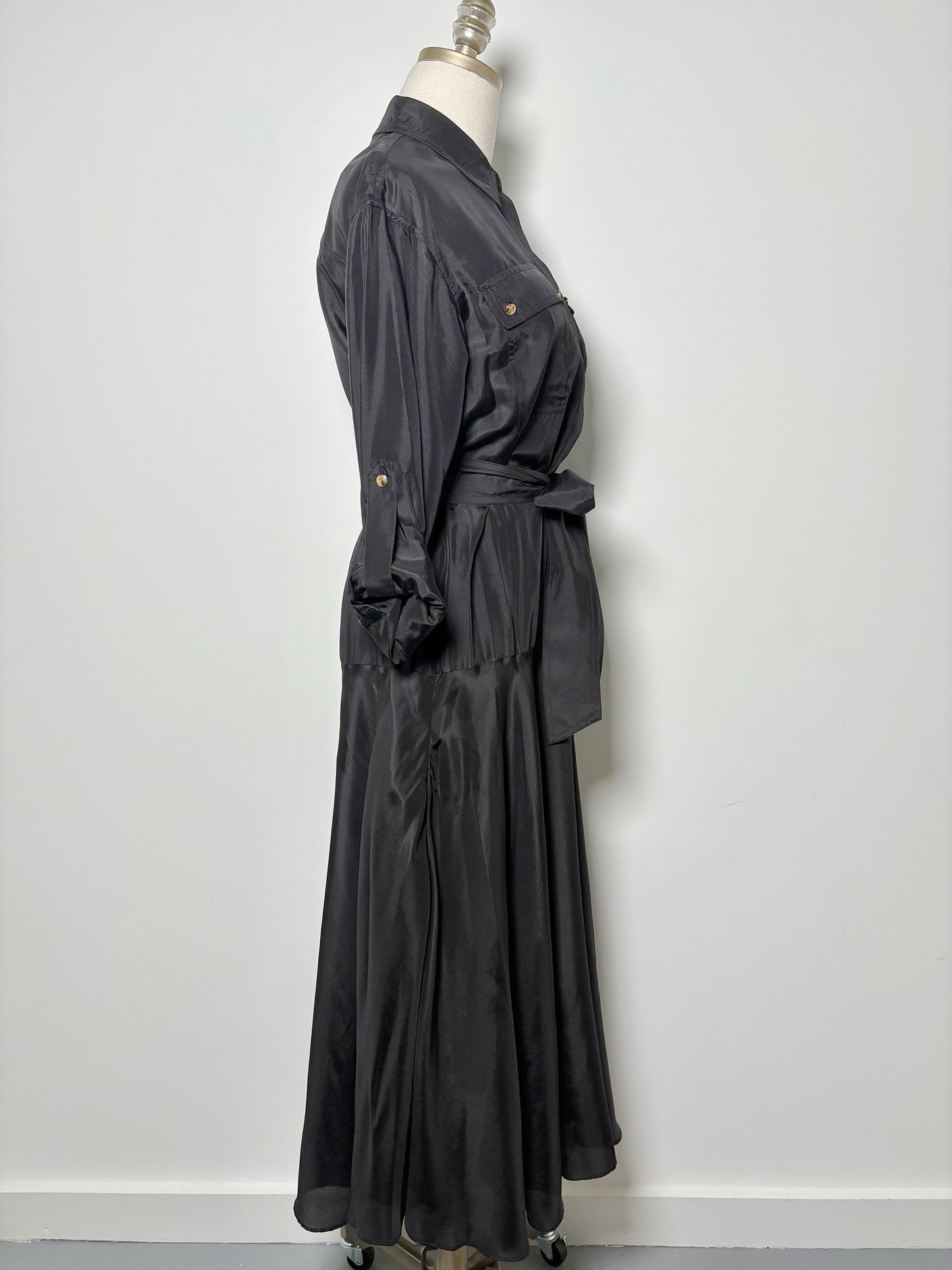 Women Size 2 Veronica Beard Black Solid Silk Shirt Midi Dress