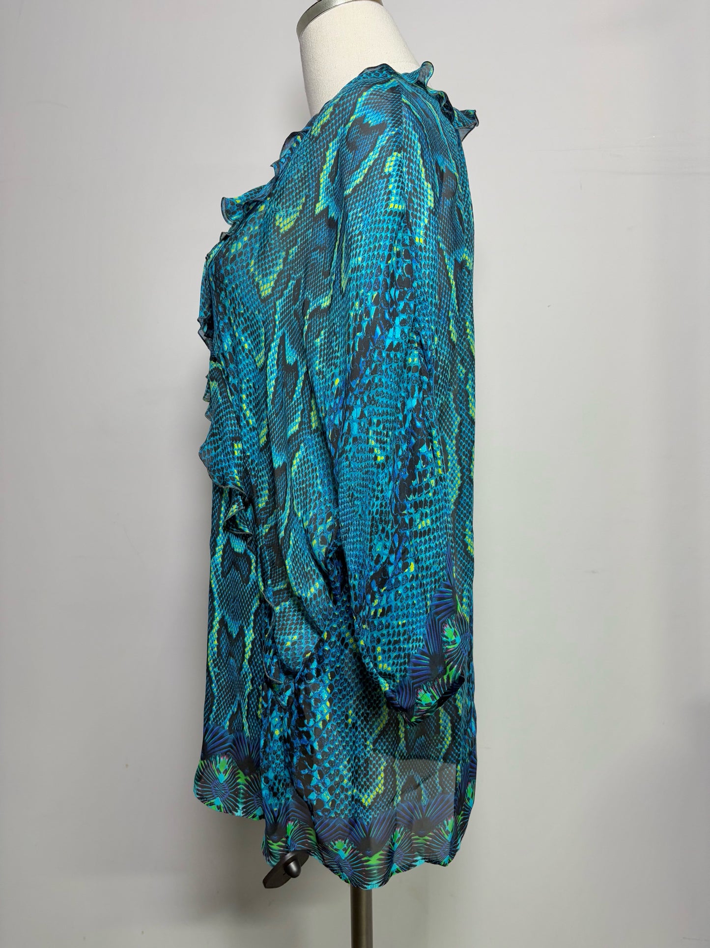 Women Size 48 (10, US) Roberto Cavalli Turquoise Snakeskin Print Blouse