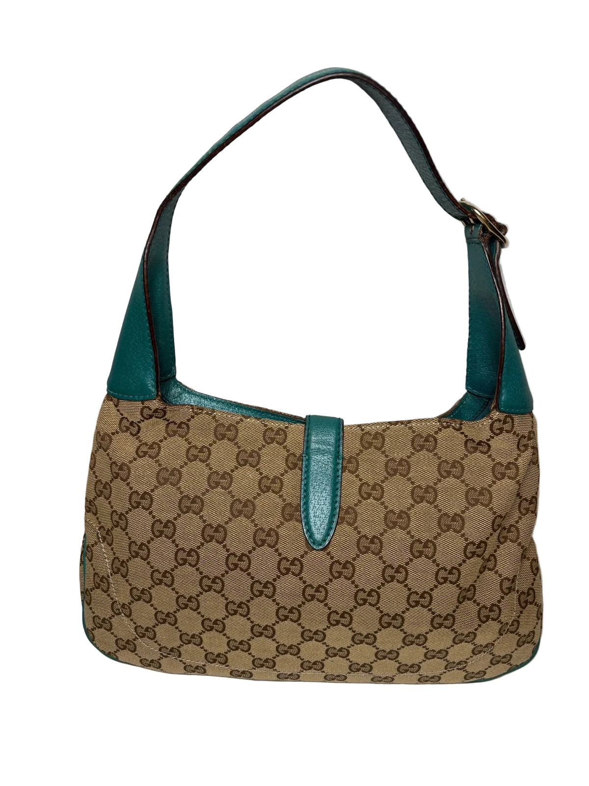 Women's Gucci Jackie O GG Monogram Canvas Turquoise Leather Vintage Y2K Authentic Pre-Owned Medium Shoulder Bag