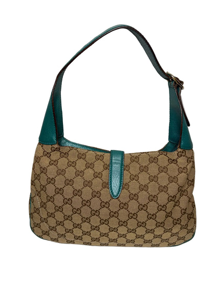 Women's Gucci Jackie O GG Monogram Canvas Turquoise Leather Vintage Y2K Authentic Pre-Owned Medium Shoulder Bag