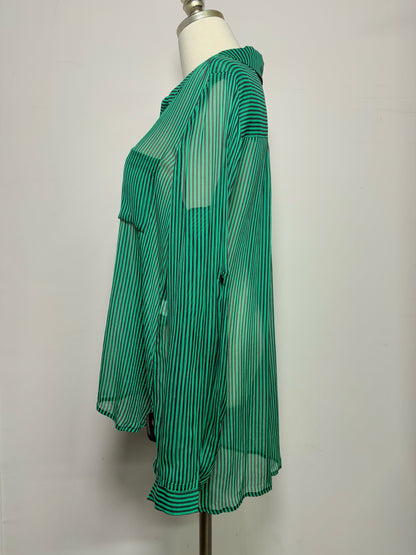Women Size 14 Diane Von Furstenberg Green, Black Striped Silk Blouse